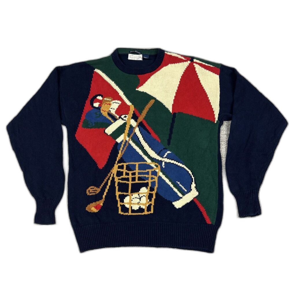 Norm Thompson Sweater Mens Large Navy Blue Golf Clubs Graphic Hand Knit Vintage